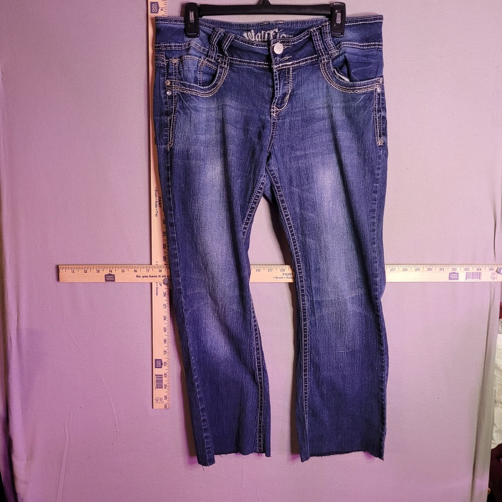 WallFlower Women Bootcut Jeans Size 13 Dark Wash Embroidered Flap Pocket Cut Hem